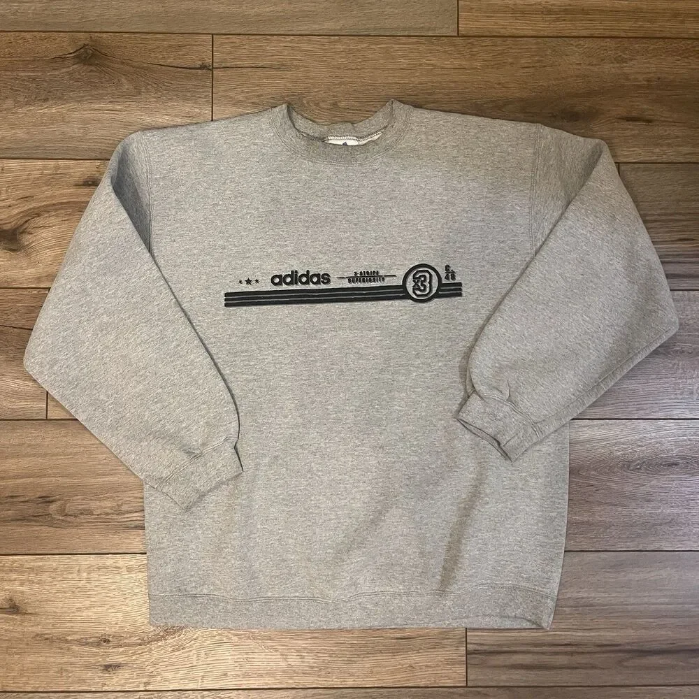 Vintage Y2K Adidas 3 Stripe Superiority Gray Crewneck Sweatshirt Sz L USA Made